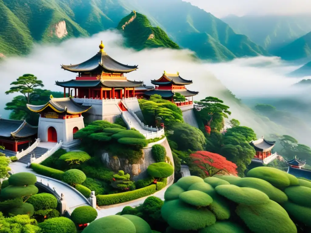 Un templo taoísta rodeado de montañas neblinosas y monjes en meditación