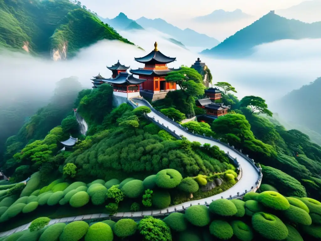 Un templo taoísta rodeado de naturaleza exuberante en la montaña, evocando la Filosofía del Tao en el cine