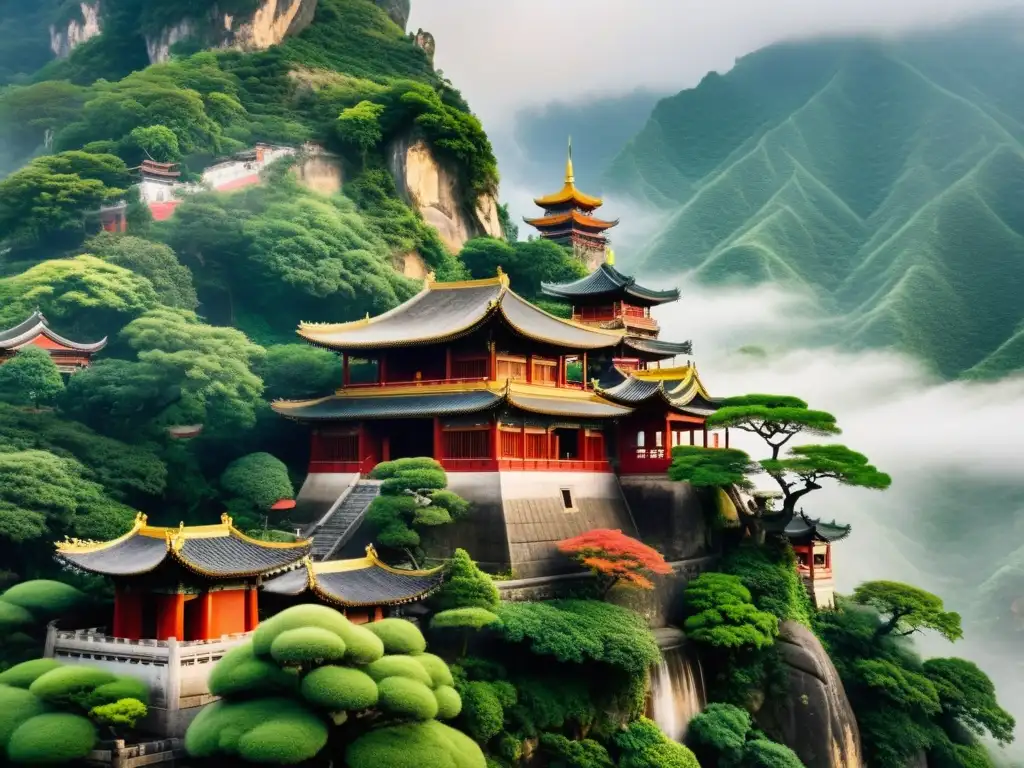 Un templo taoísta sereno se alza en la montaña, envuelto en niebla, evocando la conexión espiritual con la naturaleza