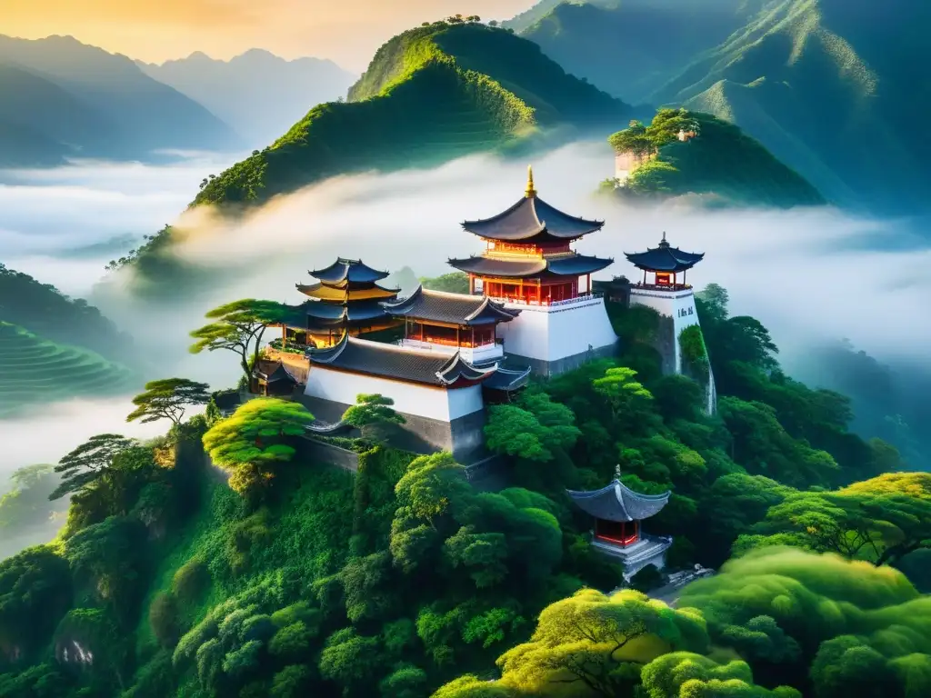 Un templo taoísta tradicional envuelto en la serenidad de las montañas verdes