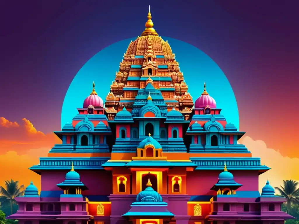 Un templo hindú tradicional se fusiona con elementos tecnológicos modernos, mostrando la adaptación del hinduismo en la era digital