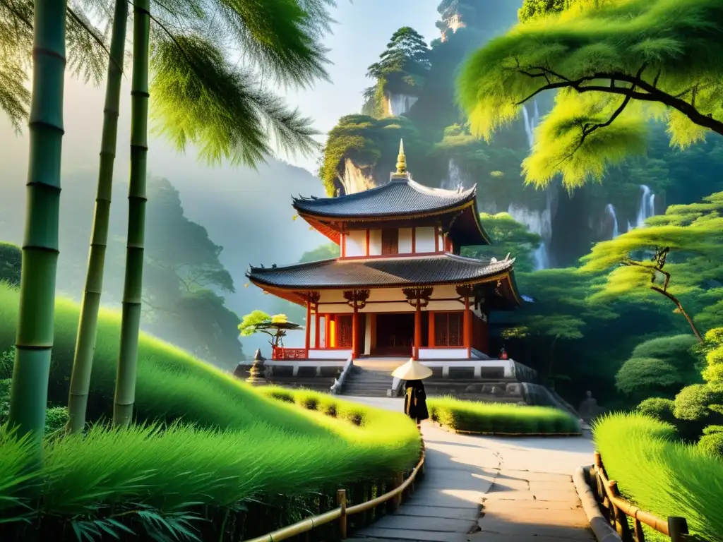 Un templo tranquilo en la cima de la montaña, evocando la Filosofía del Tao en el cine con su serena belleza natural y maestro sabio