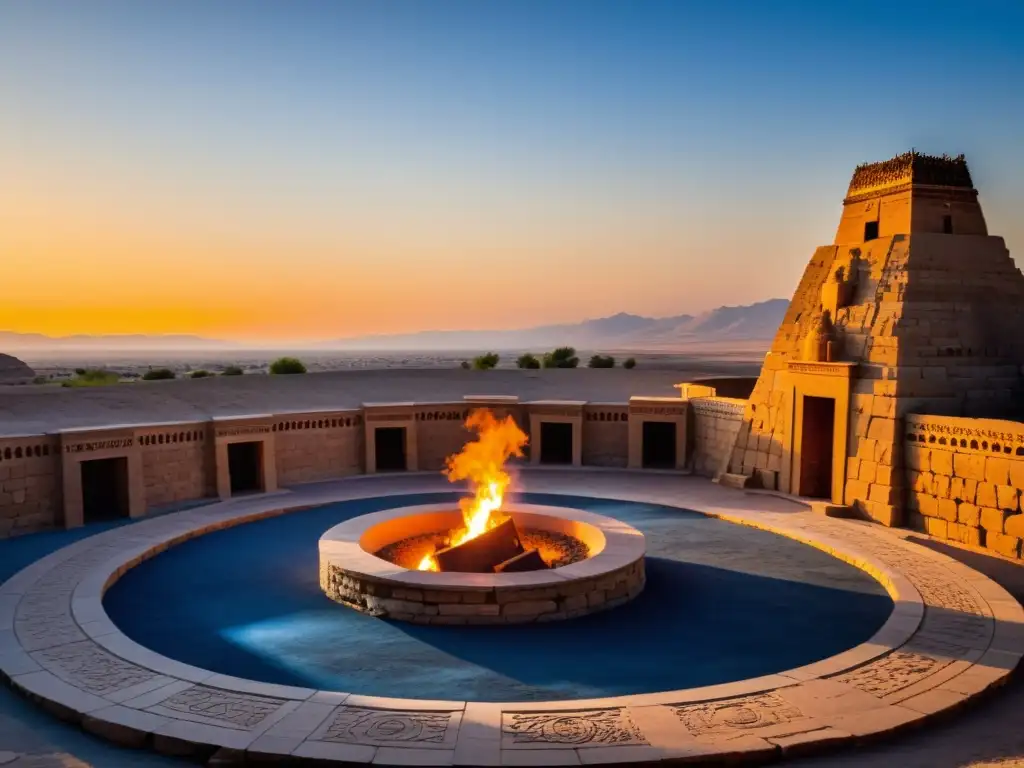 Templo zoroastriano al atardecer, con adoradores y una atmósfera de reverencia, reflejando la cosmología dualista zoroastrismo