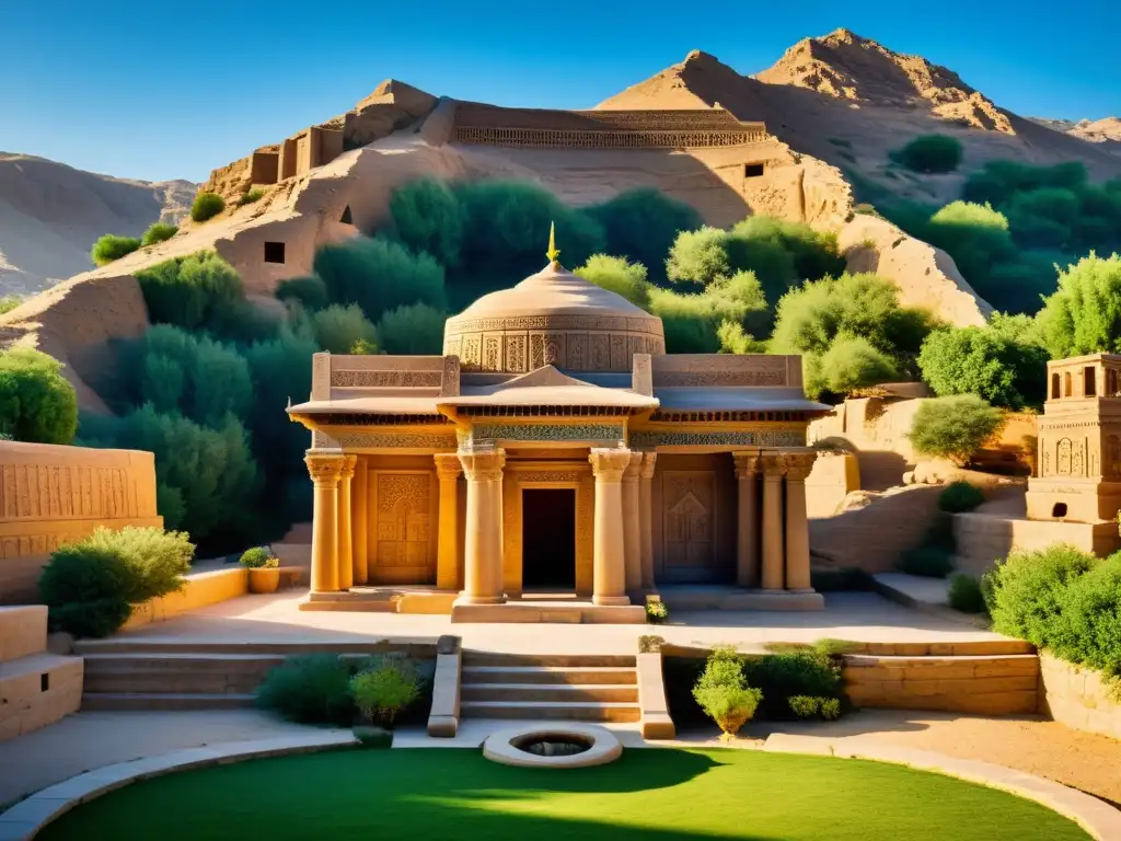 Un templo zoroastriano en la cima de una colina al amanecer, rodeado de naturaleza exuberante y símbolos antiguos