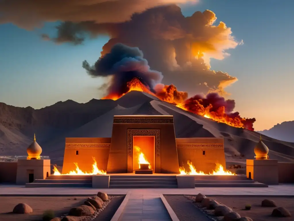 Un templo zoroastriano iluminado por las llamas al anochecer, representando la cosmología dualista del zoroastrismo