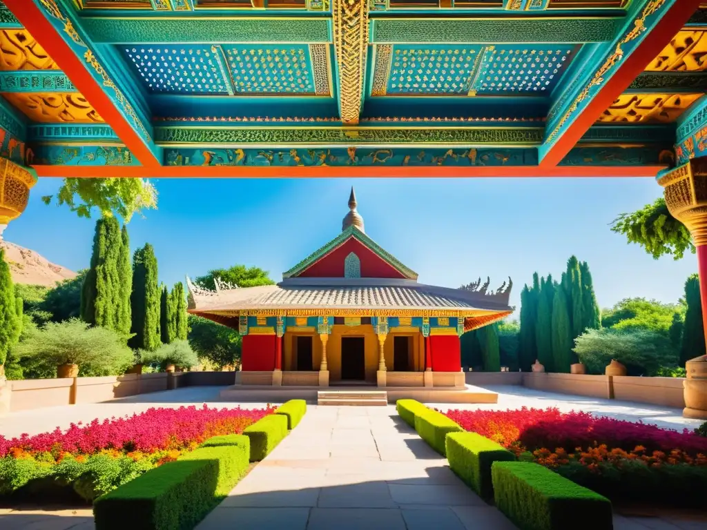 Un templo Zoroastriano con vibrantes colores, rodeado de naturaleza exuberante y adoradores en oración