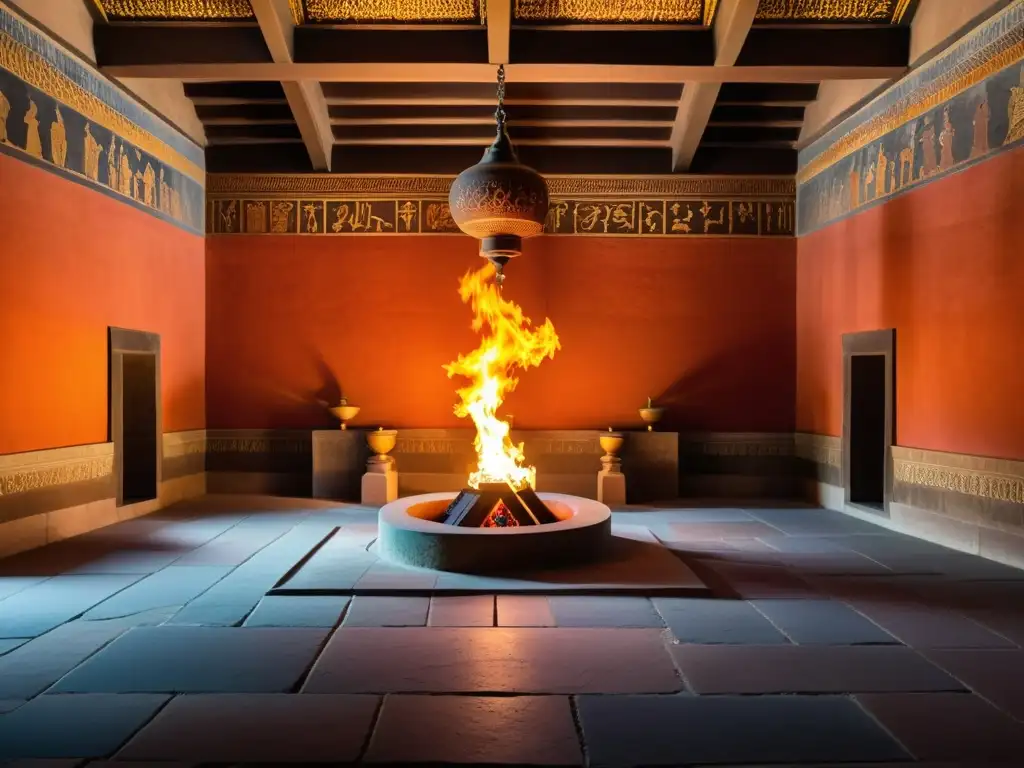 Un templo zoroástrico con intrincados simbolismos en la tradición zoroástrica, donde los devotos realizan rituales junto al fuego eterno