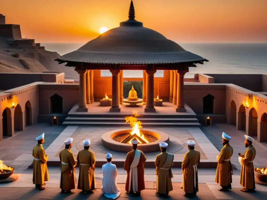 Un templo zoroástrico con simbolismos en la tradición zoroástrica, sacerdotes realizando un ritual al atardecer