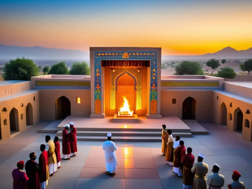 Un templo del zoroastrismo en el siglo XXI, con adoradores entrando y mosaicos coloridos