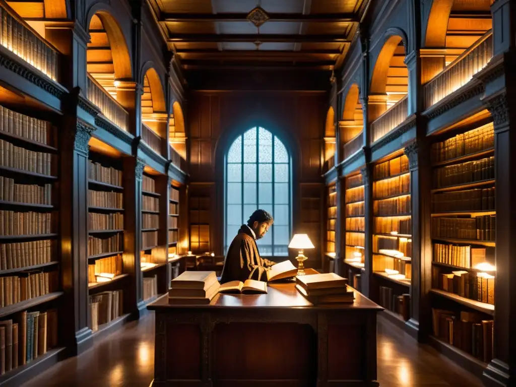En la tenue luz de una biblioteca antigua, un erudito examina un libro, evocando el impacto filosófico de la Ilustración en la ciencia