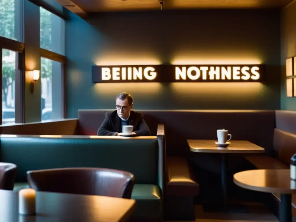 En la tenue luz de un café, una figura solitaria reflexiona con 'El Ser y la Nada' de Sartre, evocando el significado auténtico del existencialismo