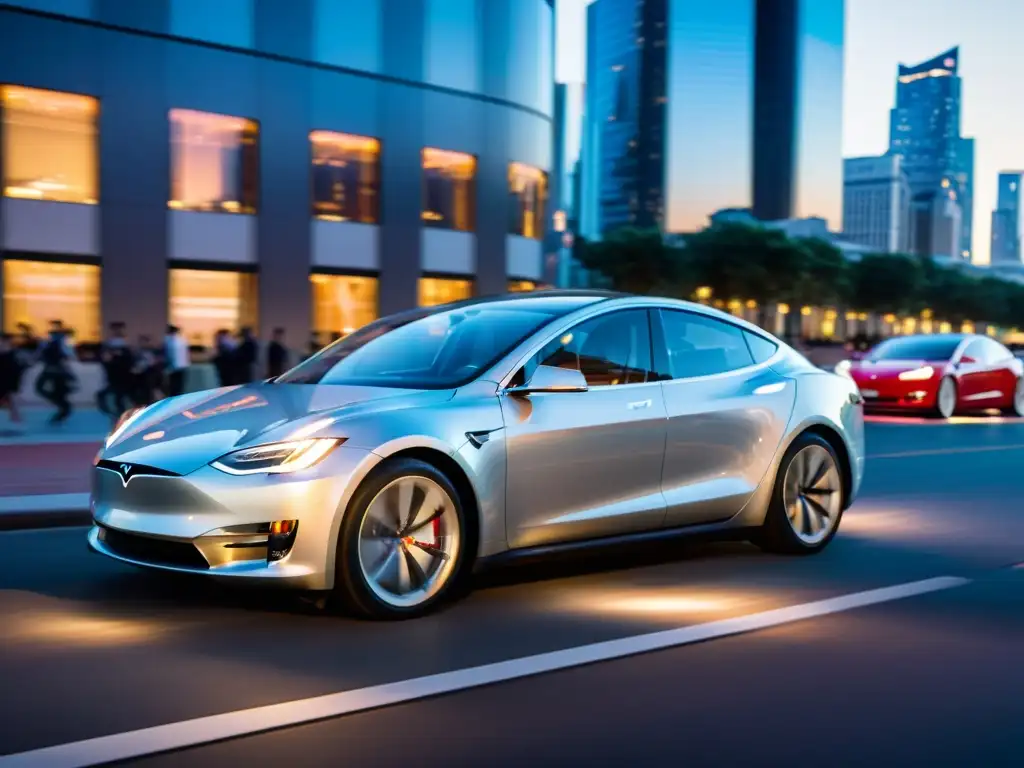 Un Tesla plateado recorre una ciudad futurista al anochecer, con rascacielos iluminados y una calle llena de vida
