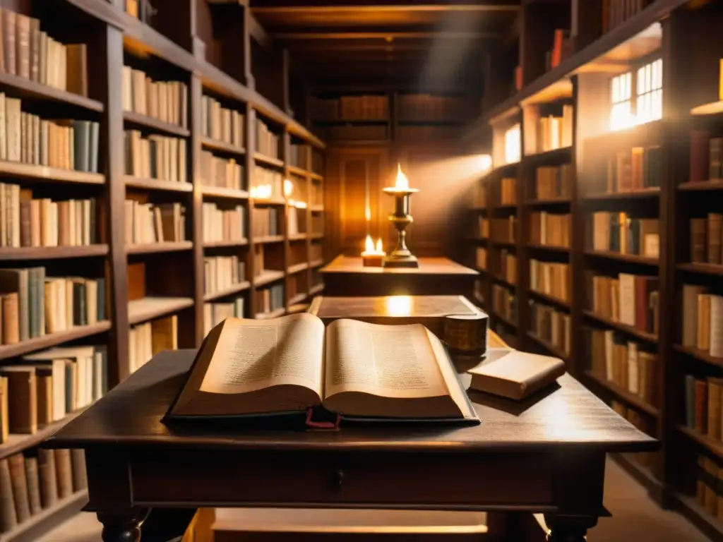 El texto ALT es: 'Impacto filosófico en una biblioteca antigua iluminada por la luz solar, evocando historia y ciencia