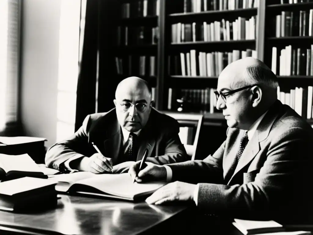 Theodor Adorno y Max Horkheimer inmersos en una profunda conversación en un estudio repleto de libros y papeles