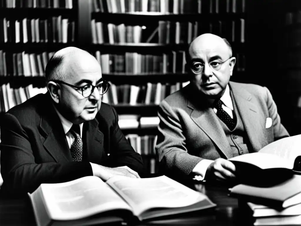 Theodor Adorno y Max Horkheimer inmersos en intensa conversación en un estudio iluminado, rodeados de libros y papeles