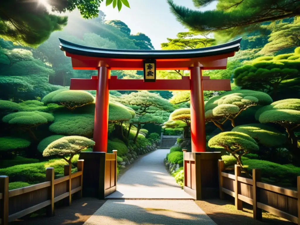 Un torii japonés rodeado de exuberante vegetación, con luz solar filtrándose entre los árboles