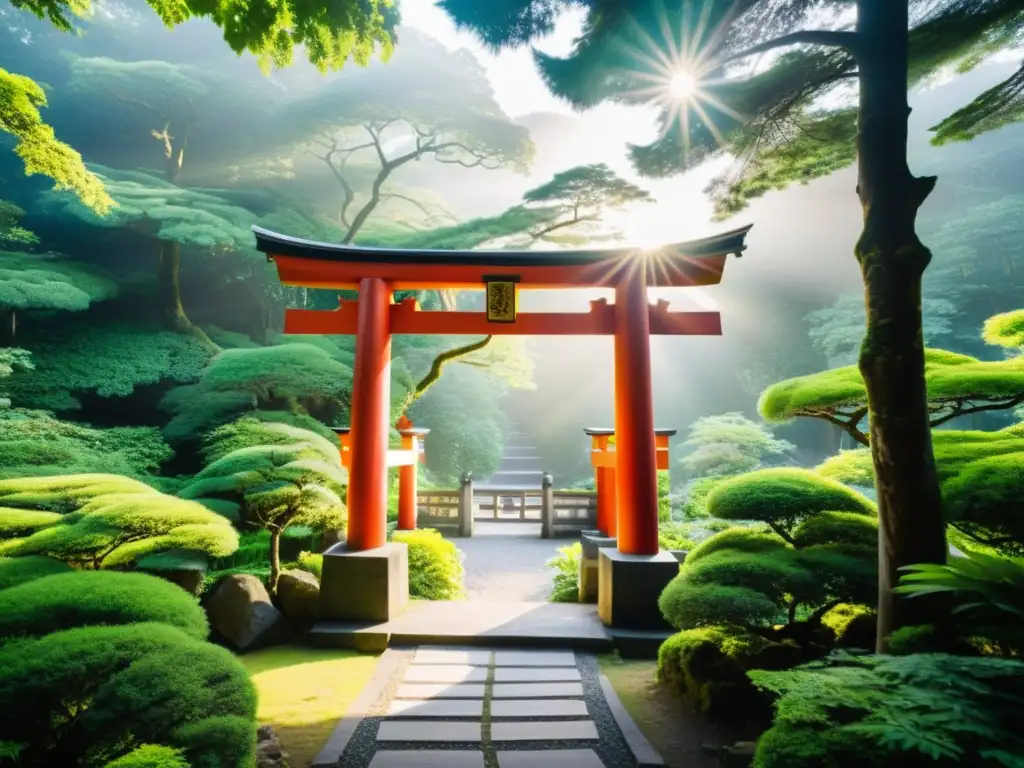 Un torii japonés tradicional se alza entre exuberante vegetación, con luz solar filtrándose a través de los árboles