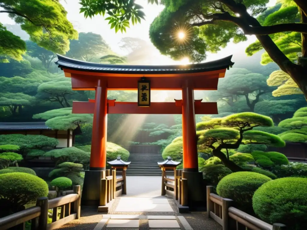Un torii tradicional sobresale entre exuberante vegetación, emanando serenidad y significado en la tradición Shinto