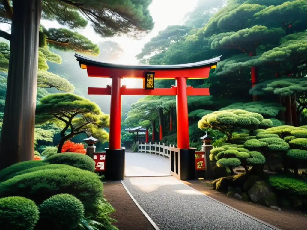 Un torii tradicional rodeado de exuberante vegetación, iluminado por la cálida luz del sol