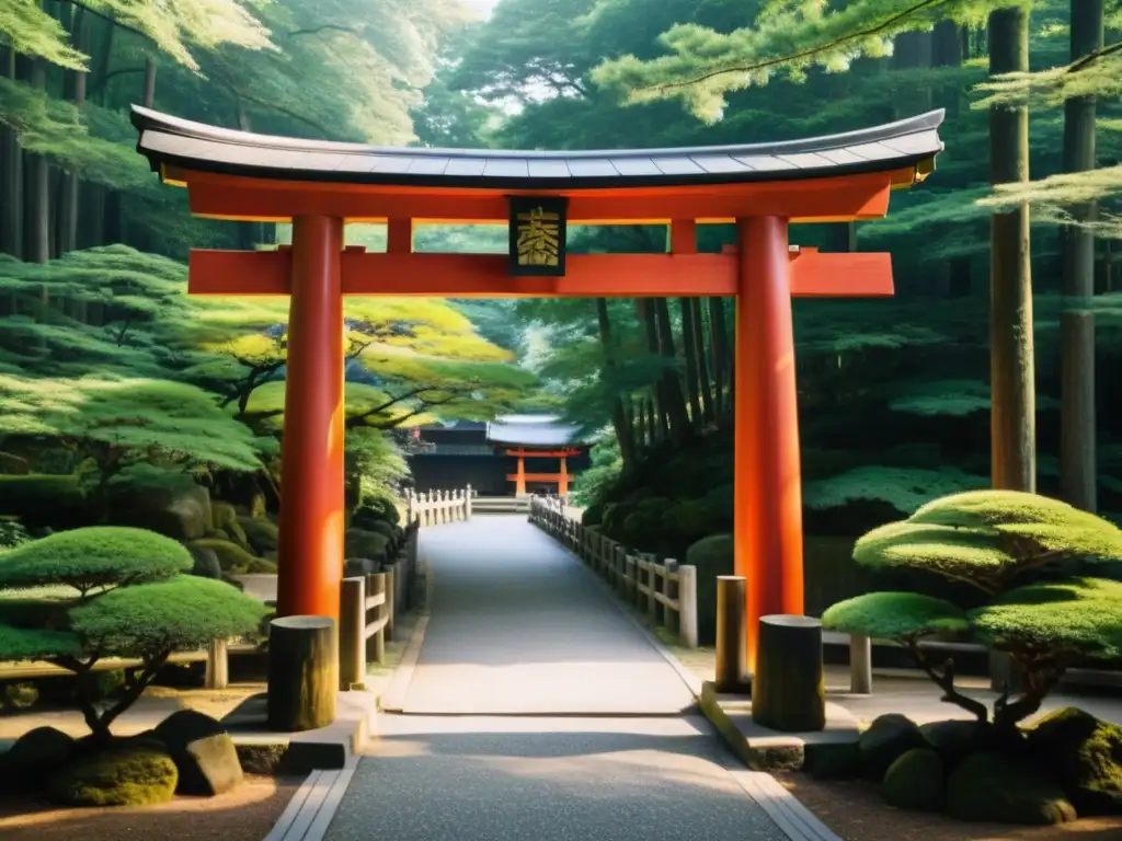 Un torii tradicional en un santuario shintoísta, resplandeciendo en rojo vibrante entre exuberante vegetación
