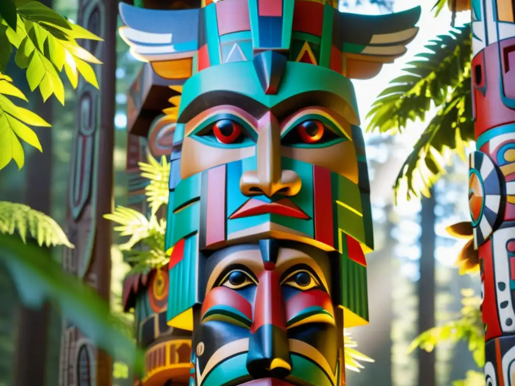 Un totem decorado con símbolos sagrados culturas indígenas norteamericanas en el bosque