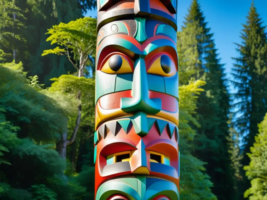 Un totem indígena tallado detalladamente, con figuras animales y espirituales, en un bosque verde y cielo azul