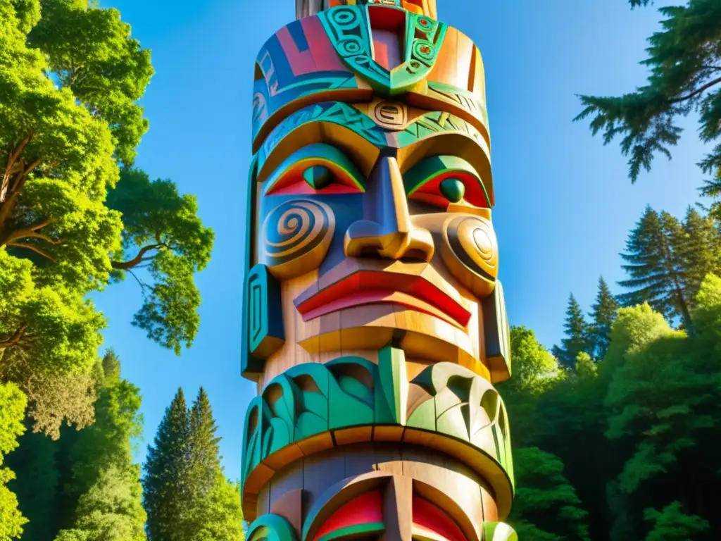 Un totem tallado detalladamente, rodeado de exuberante bosque, representa Símbolos Sagrados Culturas Indígenas Norteamérica