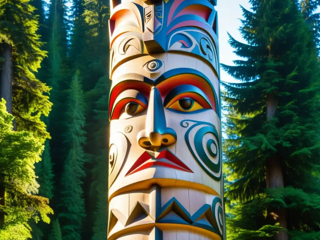 Totem tallado con símbolos sagrados, bañado por la luz en el bosque del noroeste del Pacífico