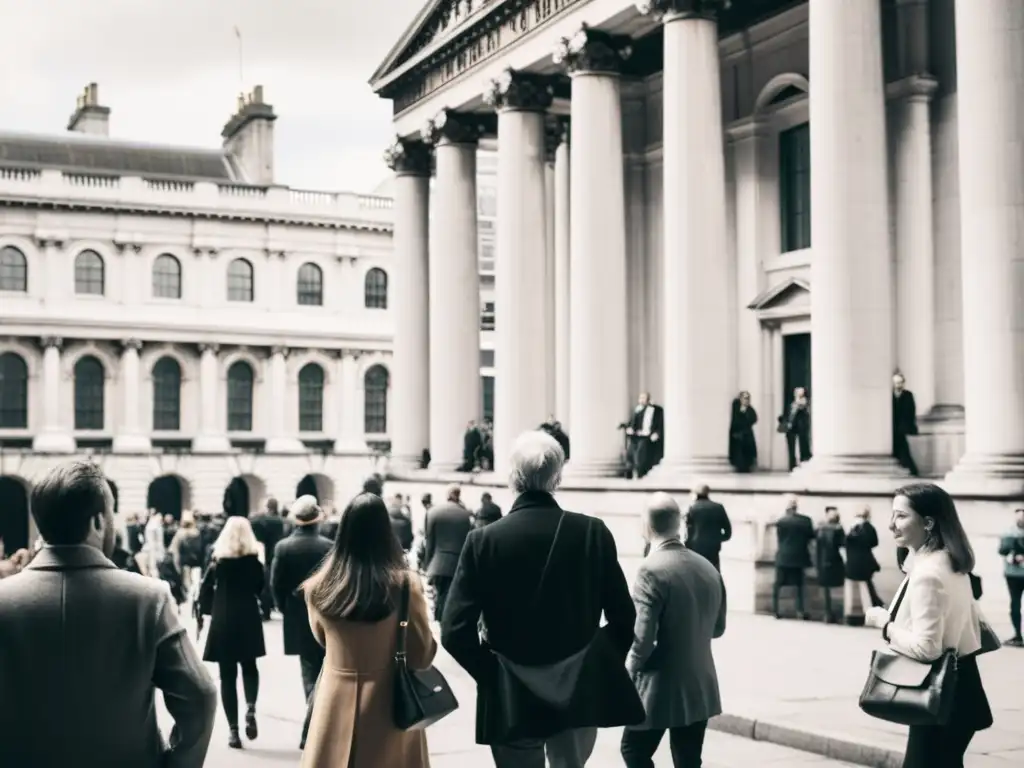 Tours literarios y filosóficos en Inglaterra: Grupo escucha al guía en calles históricas de Londres, entre arquitectura moderna y clásica