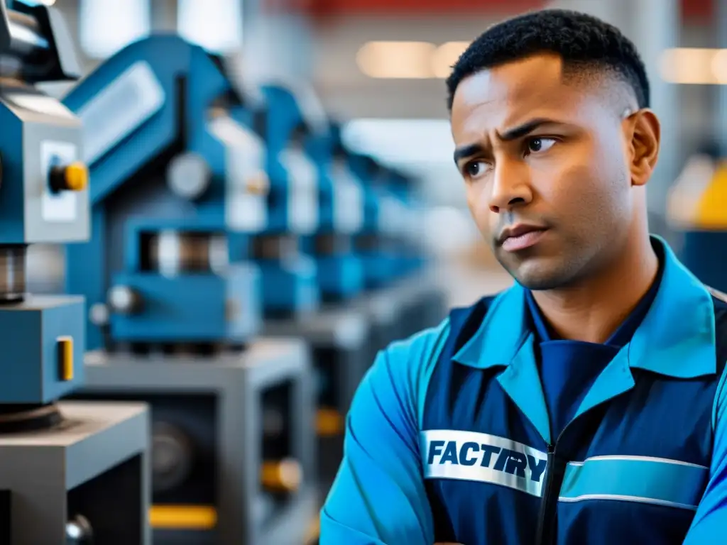 Un trabajador de fábrica con expresión preocupada entre maquinaria automatizada, transmitiendo la ética de la automatización laboral