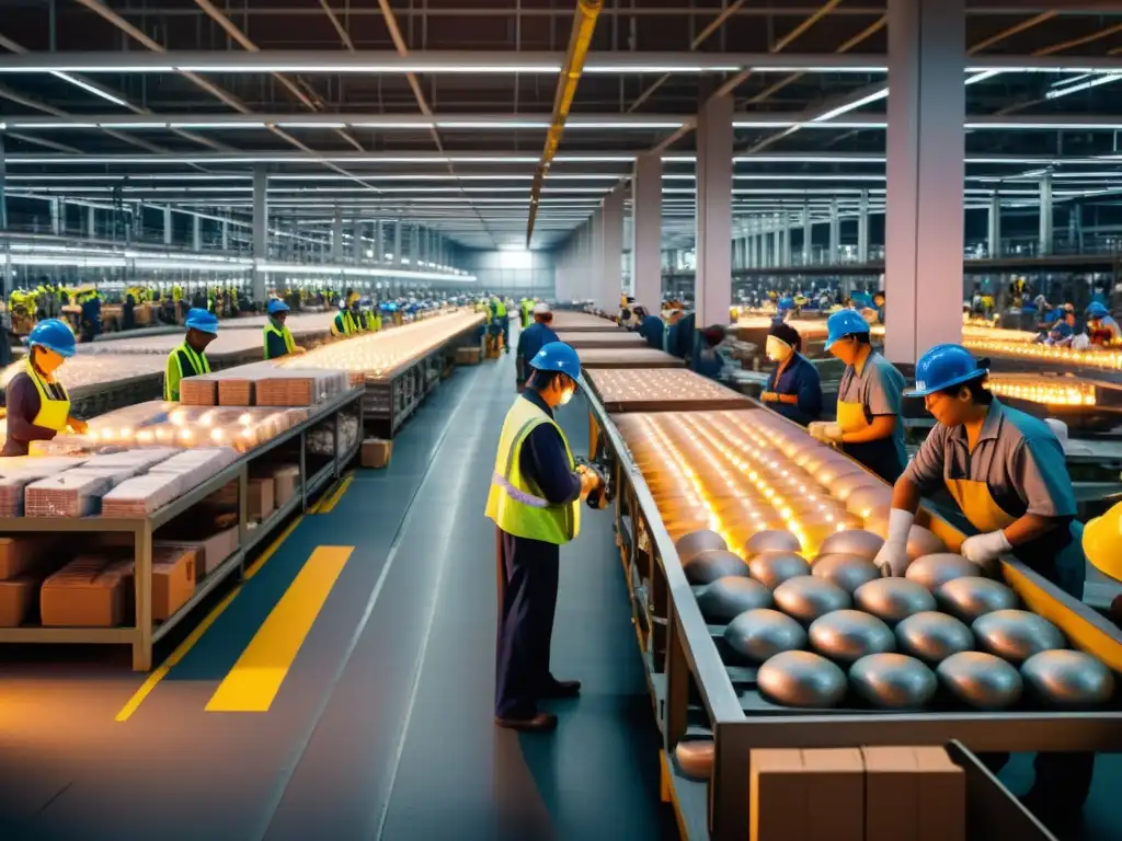 Trabajadores en fábrica, ambiente tenso y carga laboral, reflejando la complejidad y el impacto humano de la ética en la cadena de suministro