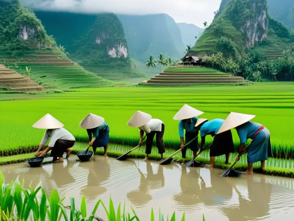 Trabajadores plantando arroz en Vietnam, representando la adaptación del comunismo en Asia