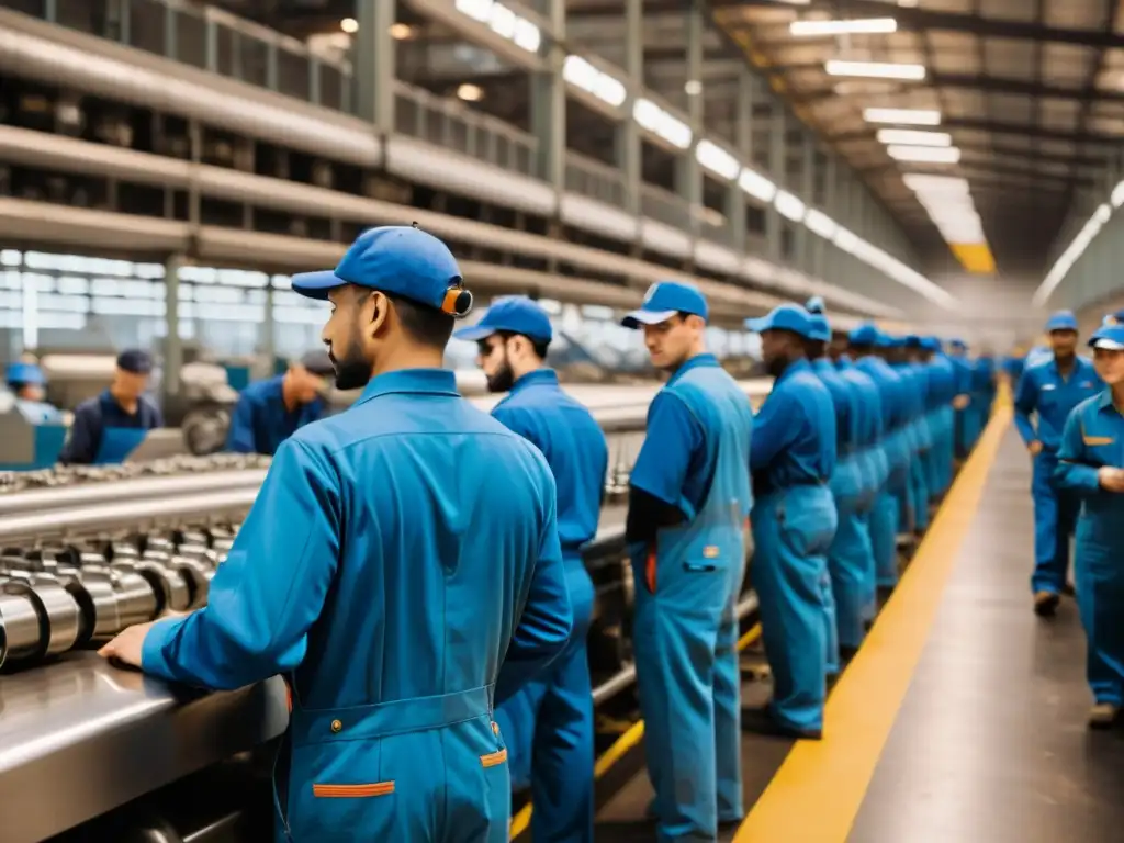 Trabajadores en fábrica comunista organizados en la línea de producción, mostrando la coordinación y eficiencia