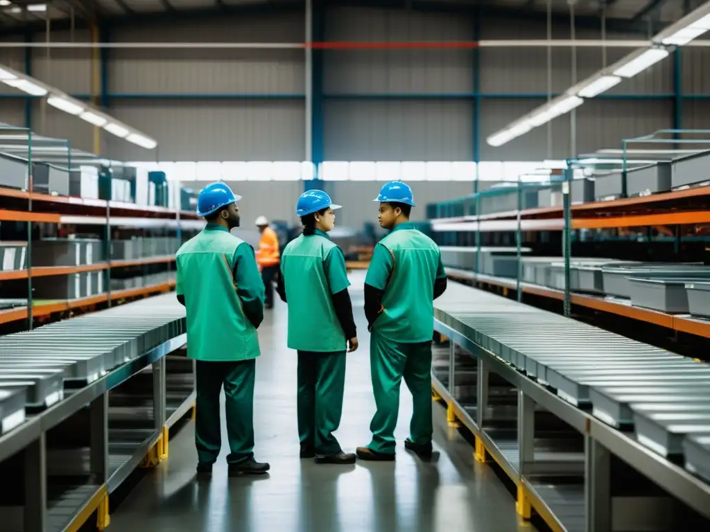 Trabajadores en fábrica sombría inspeccionan productos para calidad