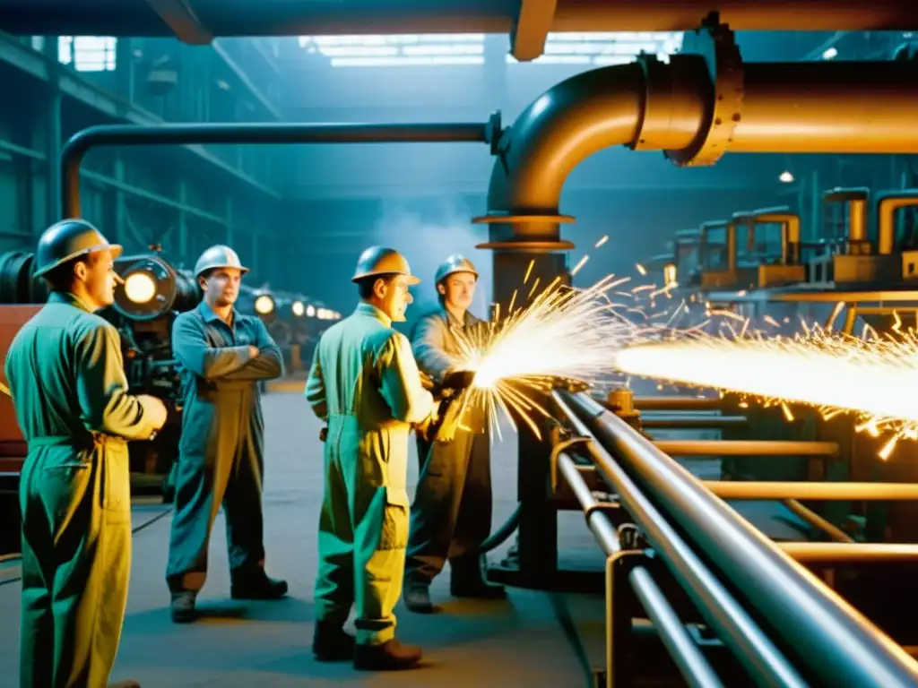 Trabajadores en fábrica soviética, operando maquinaria pesada bajo luz fluorescente