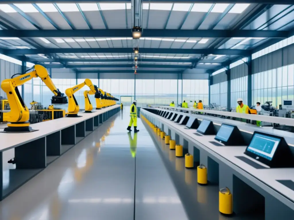 Trabajadores y robots en fábrica, reflexionando sobre la ética de la automatización laboral con inteligencia artificial