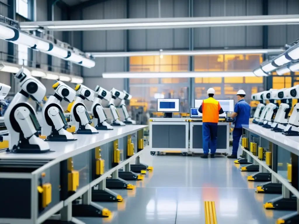 Trabajadores y robots colaboran en fábrica, resaltando la ética de la automatización laboral