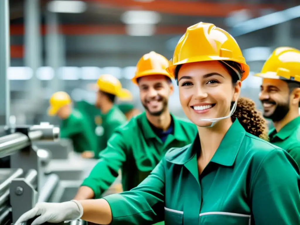 Trabajadores sonrientes en fábrica moderna, mostrando colaboración y orgullo