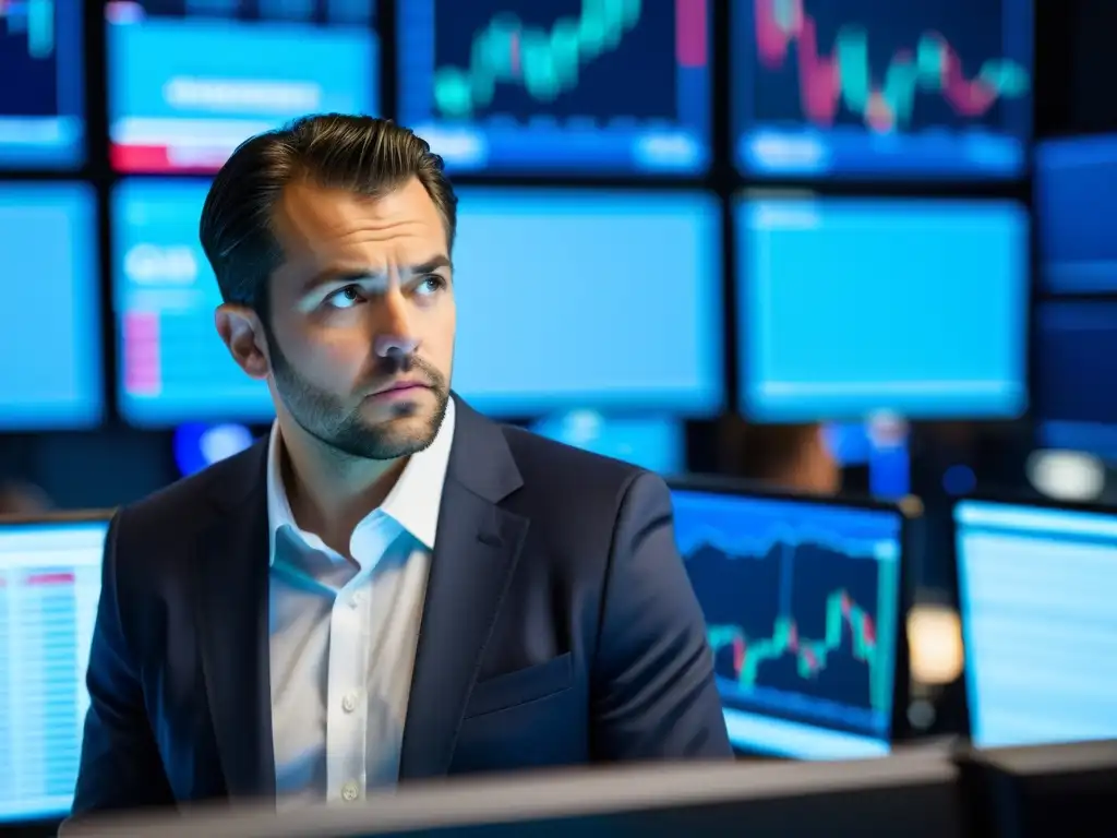Un trader en la bolsa de valores analiza datos financieros, con gráficos de fondo, reflejando la intensa atmósfera del mercado