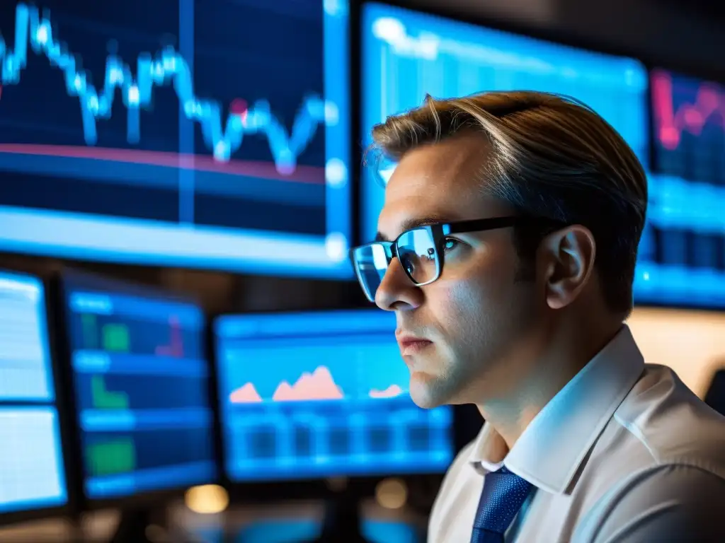 Trader concentrado frente a múltiples pantallas, reflejo de gráficos financieros en sus gafas, transmite la importancia de la intuición en finanzas