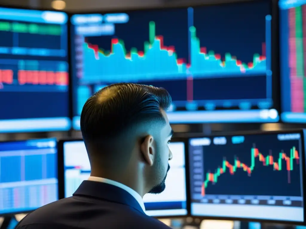 Un trader analiza datos financieros en múltiples pantallas, con intensa concentración