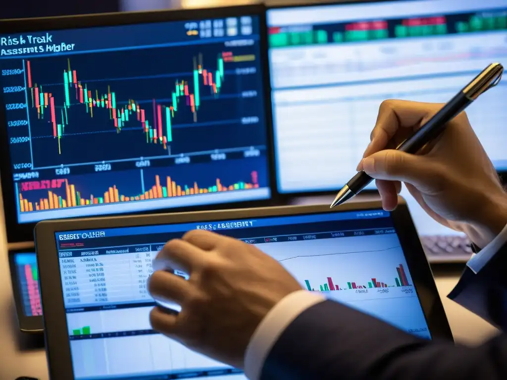 Un trader firma un documento de evaluación de riesgos en el mercado financiero, rodeado de gráficos y datos