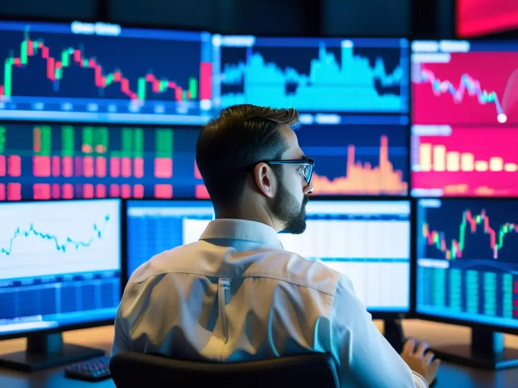 Un trader enfocado analizando datos financieros en múltiples pantallas, capturando la filosofía de la suerte en inversión