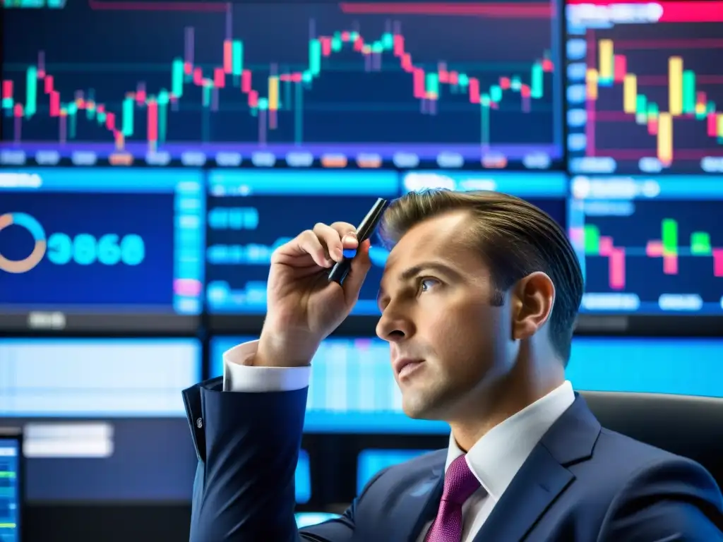 Un trader analiza gráficos en múltiples pantallas, rodeado de tecnología y sabiduría financiera, con una intensa determinación