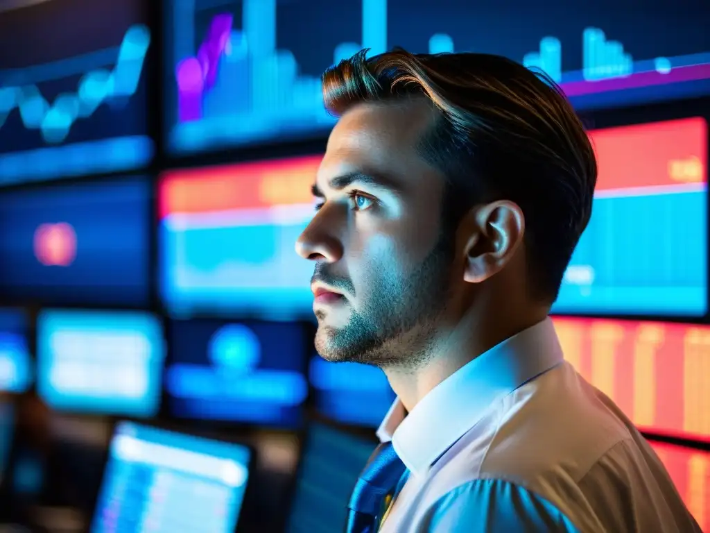 Un trader observa con intensidad múltiples pantallas con gráficos financieros detallados, mostrando la importancia de la intuición en finanzas