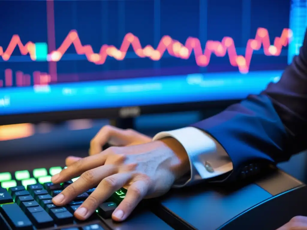 Un trader analiza múltiples pantallas con datos financieros, con expresión intensa y determinada, reflejando la filosofía del riesgo en inversiones
