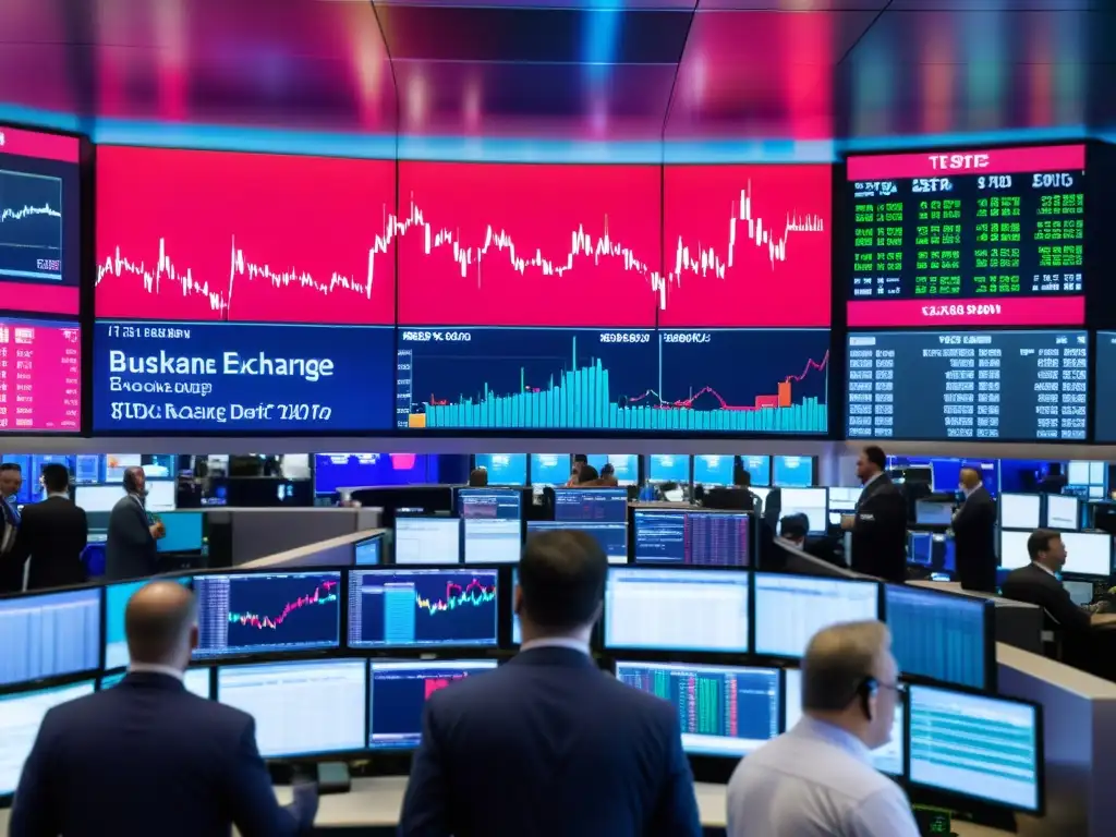Traders en la bolsa de valores gritando y gestualizando, rodeados de pantallas con datos financieros
