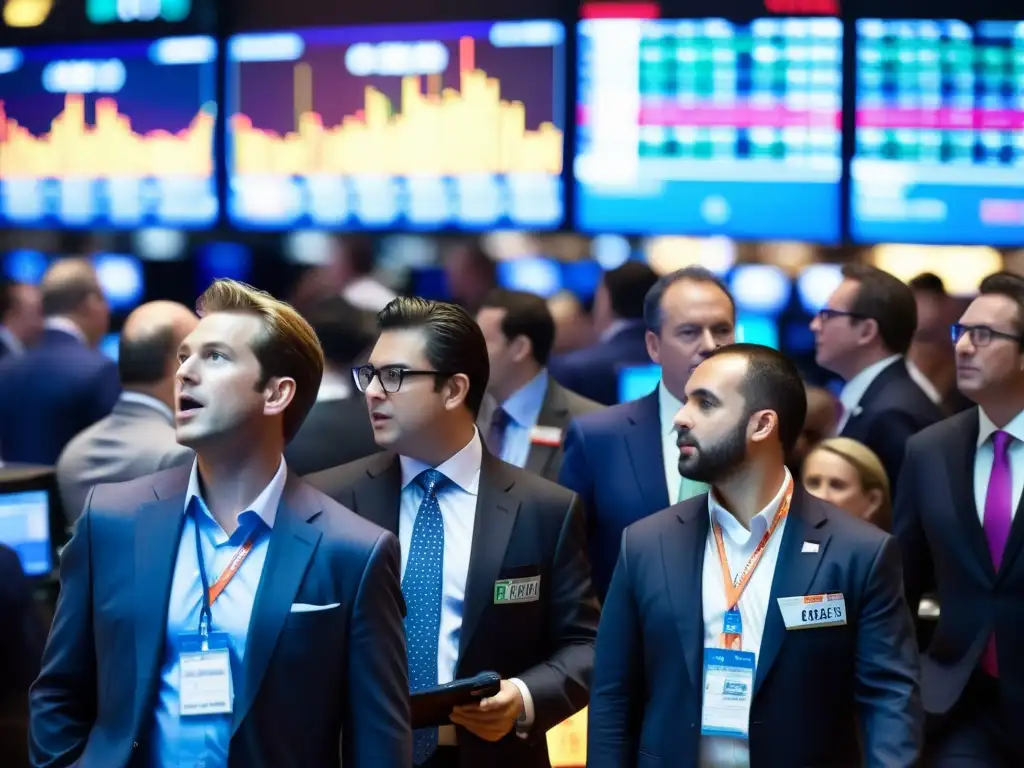 Traders en una bulliciosa bolsa de valores, con fondos éticos demanda creciente