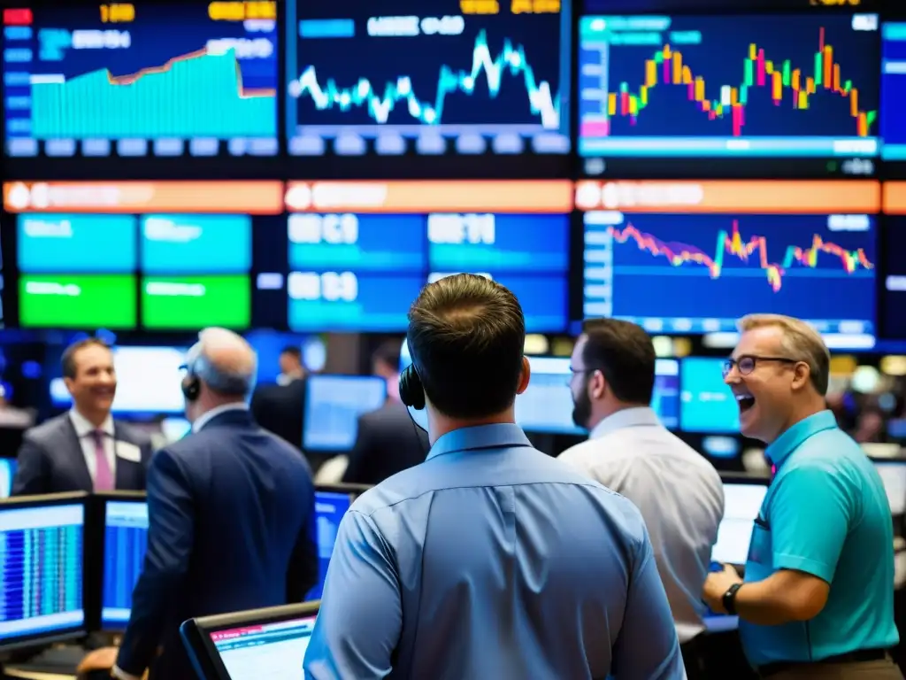 Traders en una bulliciosa bolsa de valores, rodeados de pantallas con datos en tiempo real