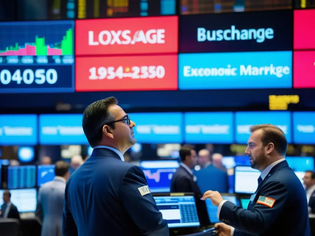 Traders gestionando en la bulliciosa bolsa de valores, rodeados de pantallas con datos financieros en tiempo real